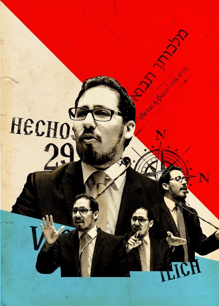 Víctor Ilich con lentes y traje, rodeado de figuras en collage tipográfico rojo, blanco y azul con texto superpuesto
