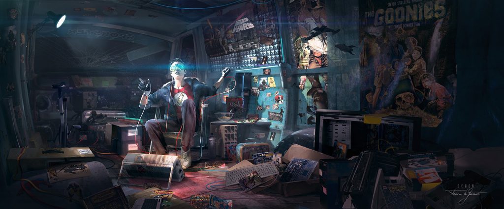 Personajes en refugio subterráneo rodeados de tecnología y objetos de la cultura pop, ambiente distópico y futurista