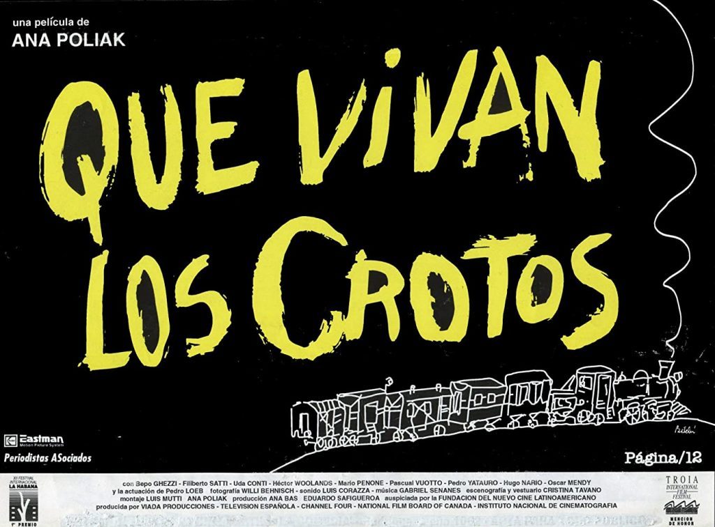 Afiche de la película Qué vivan los crotos con letras amarillas sobre fondo oscuro y líneas blancas