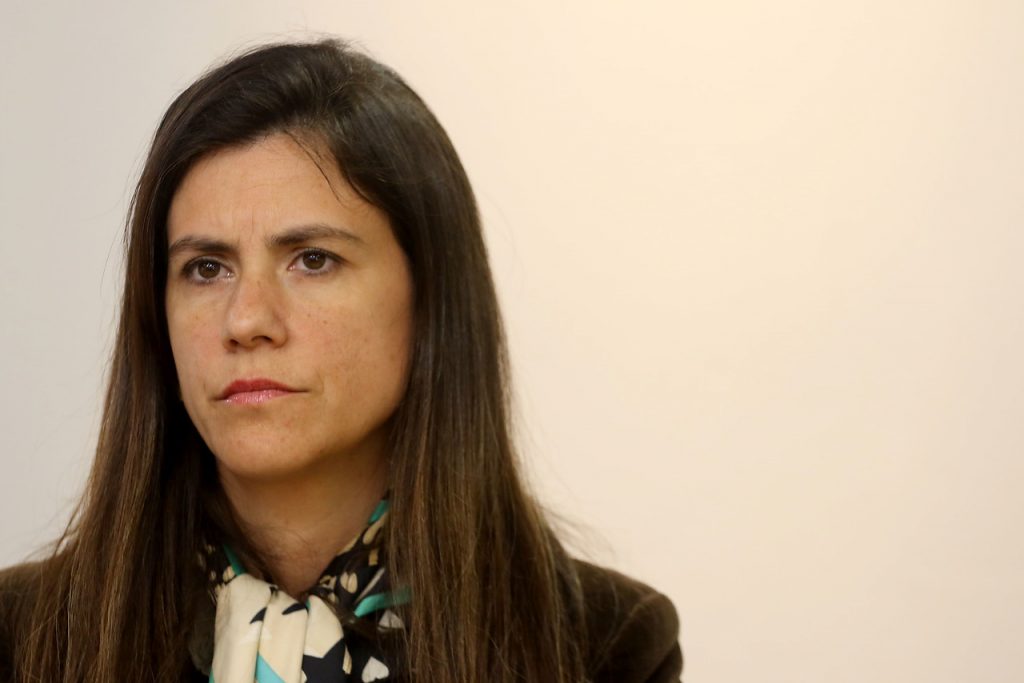 Luz Poblete Coddou, mujer de cabello oscuro largo, viste blazer oscuro sobre blusa estampada, expresión seria