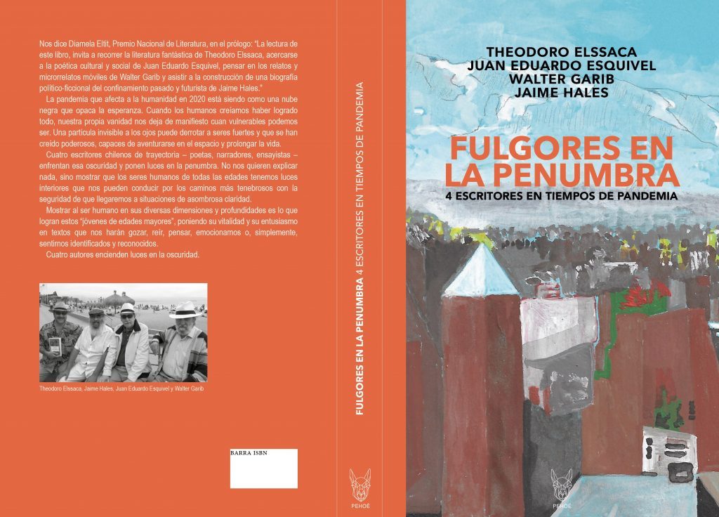 Portada del libro Fulgores en la penumbra de Theodoro Esparza, Wálter Gaete y Javier Valls con edificios y cielo nublado