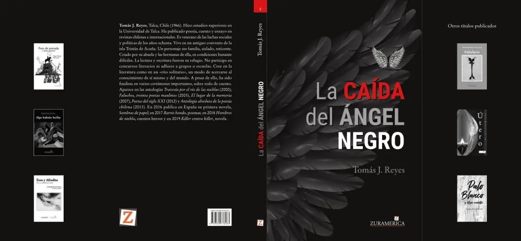 Portada de La caída del ángel negro con diseño en blanco y negro, figura central oscura y collage de imágenes