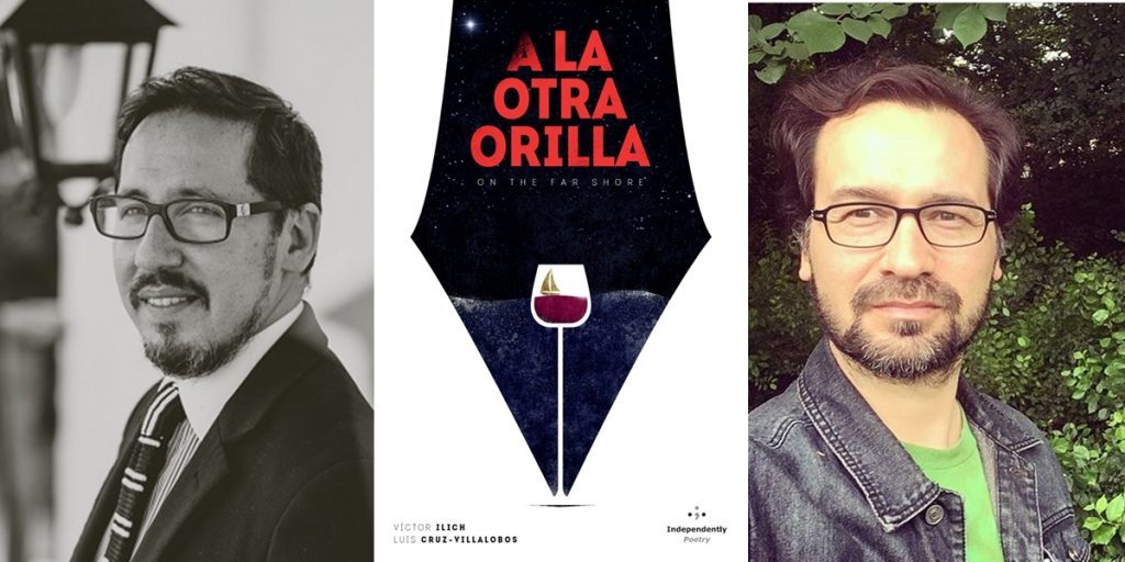 Portada del libro "A la otra orilla" entre dos fotografías del autor con gafas en diferentes momentos