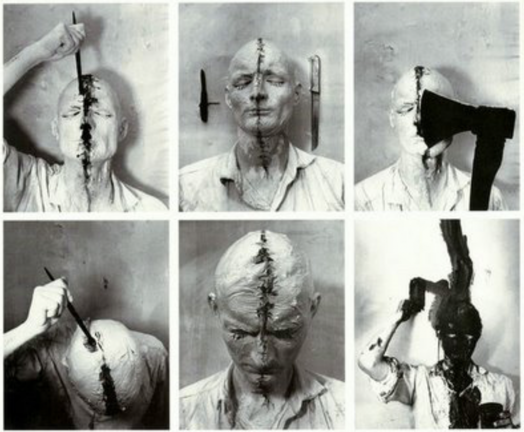 Günter Brus realiza acciones corporales y gestuales con elementos visuales en seis fotogramas de performance art