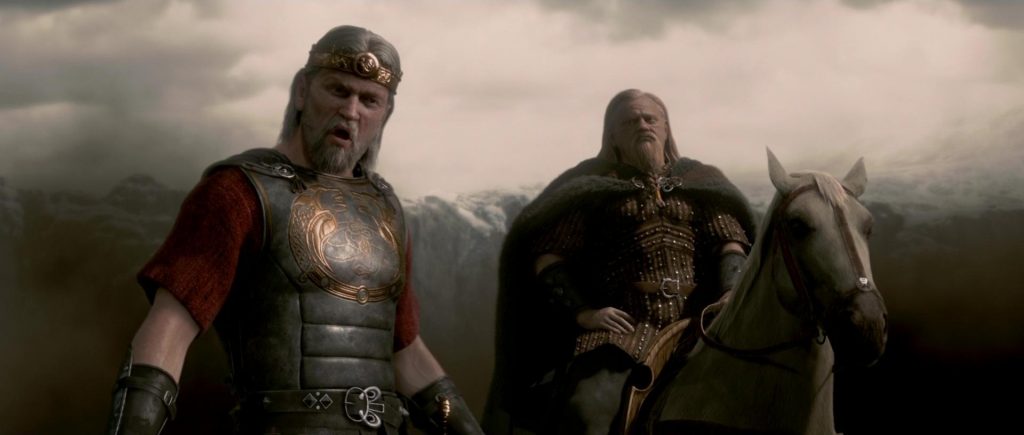 Dos guerreros vikingos en armadura medieval frente a montañas brumosas, listos para la batalla en escena épica