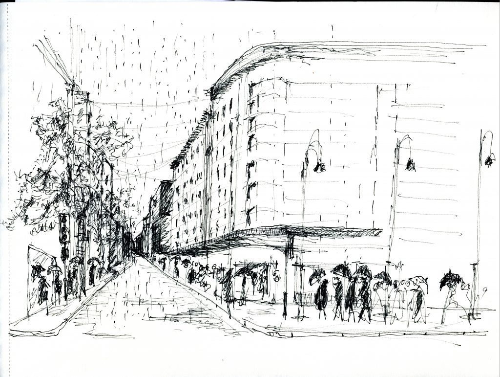 Dibujo a tinta de una calle urbana con edificio de múltiples pisos y transeúntes, estilo arquitectónico modernista