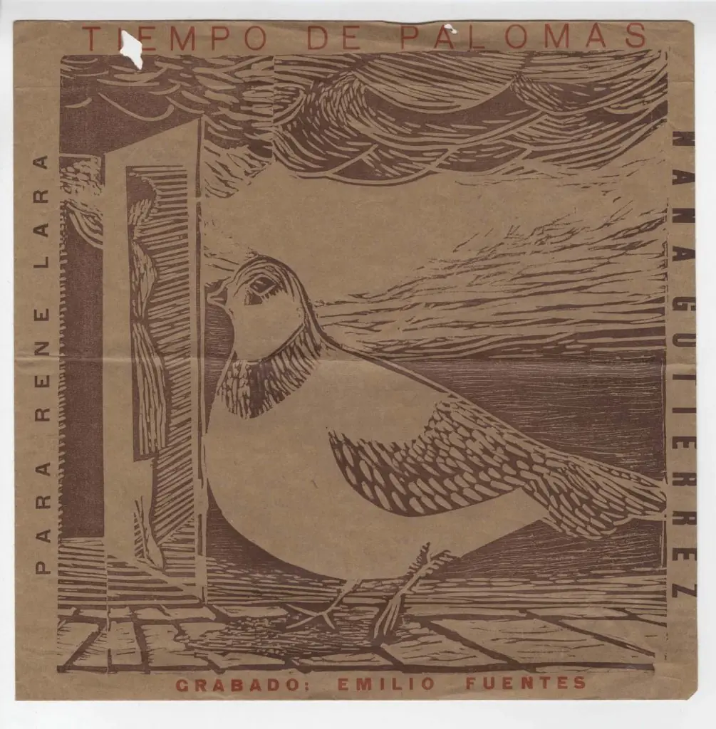Grabado de portada de Tiempo de palomas con paloma de perfil y marcos decorativos, obra de Emilio Roestes