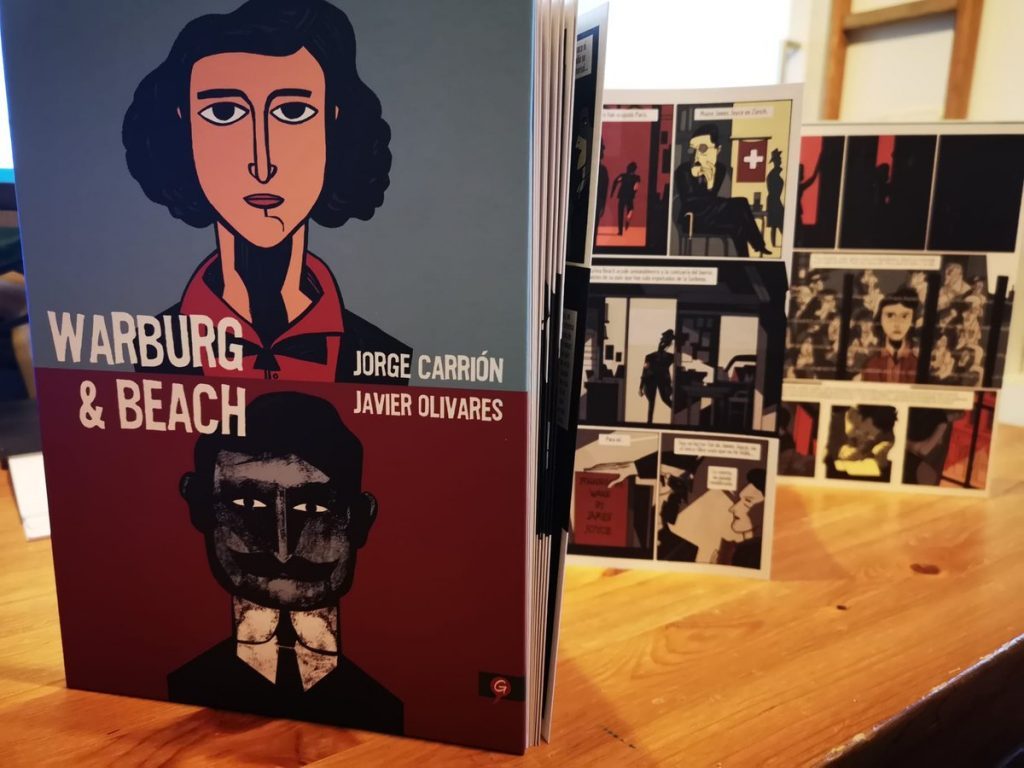 Portada del libro Warburg & Beach con ilustración de rostro expresivo en tonos azules y rojos sobre fondo oscuro, junto