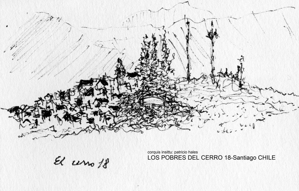 Dibujo a tinta del Cerro Santa Lucía de Santiago, Chile, con firma de autor y título Los Pobres del Cerro