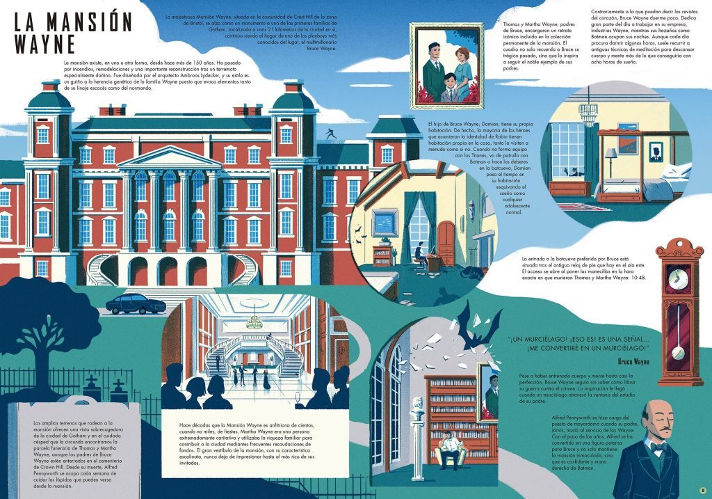 Infografía ilustrada sobre la mansión de un personaje de Gotham con arquitectura gótica, interiores detallados