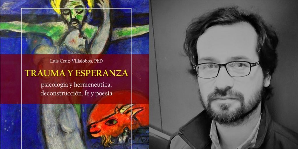 Portada del libro Trauma y Esperanza de Claudio Martínez Burgos junto a retrato del autor con gafas