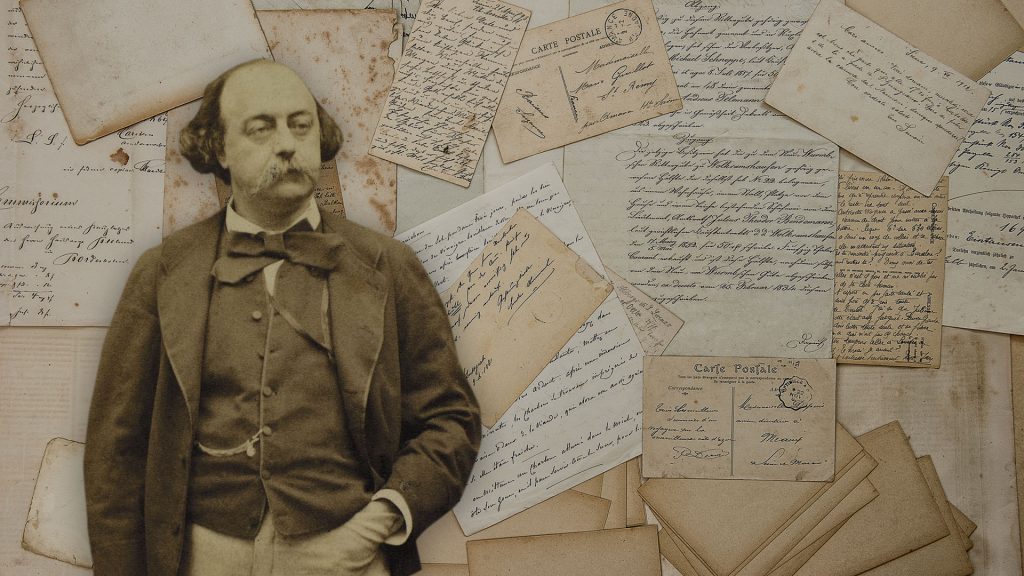 Gustave Flaubert retratado en sepia con documentos y cartas manuscritas de fondo, evocando su legado literario