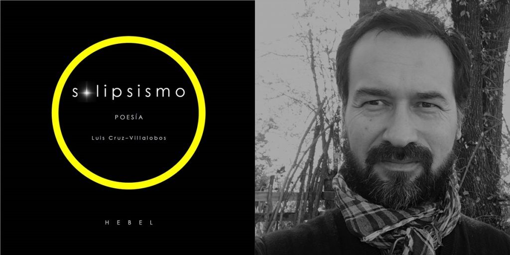Portada del libro Solipsismo en negro con círculo amarillo, junto a fotografía en blanco y negro del autor sonriendo