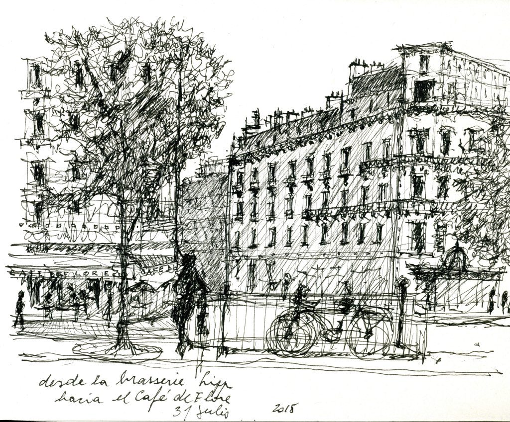 Croquis del Café de Flore en París con edificios parisinos y transeúntes en el boulevard Saint-Germain