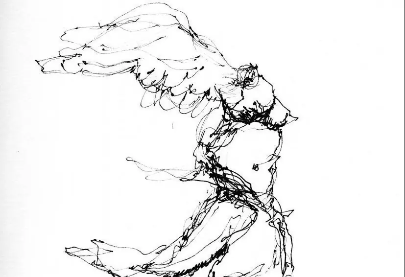 Dibujo a tinta de figura dinámica en movimiento, estilo croquis artístico con trazo gestual y expresivo