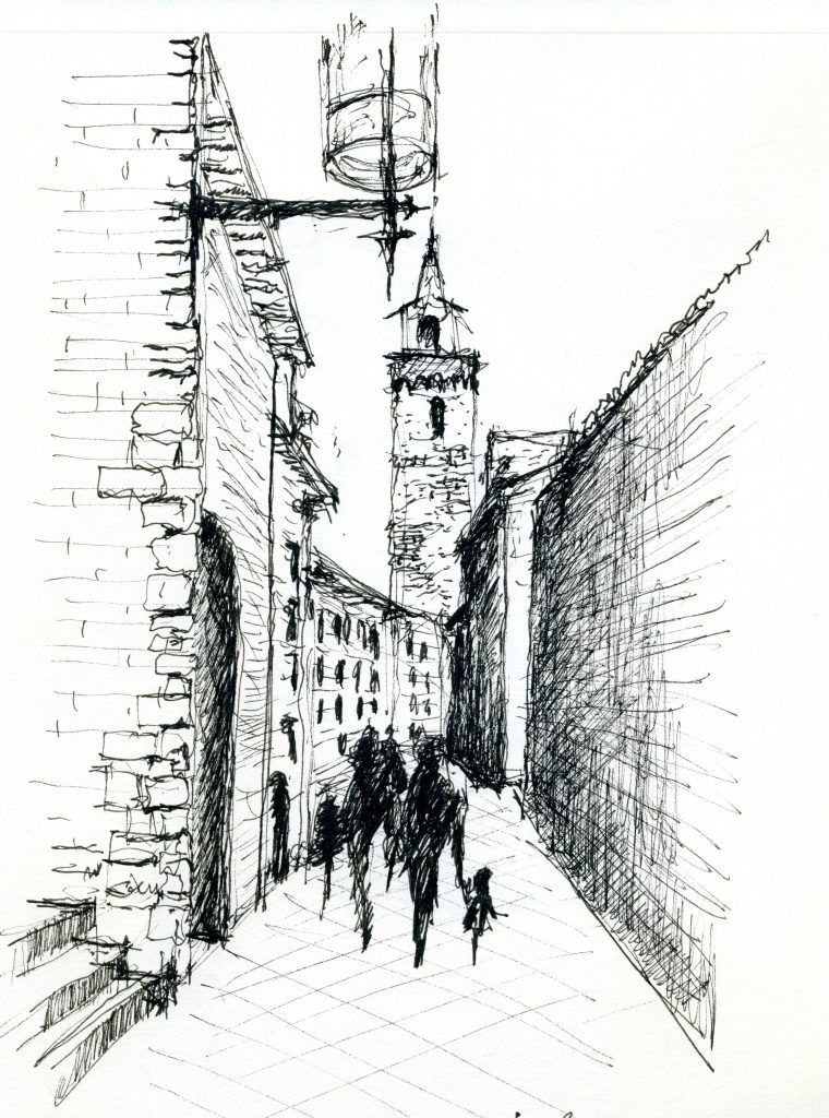 Croquis en tinta de calle medieval de San Gimignano con torres características y figuras de personas caminando
