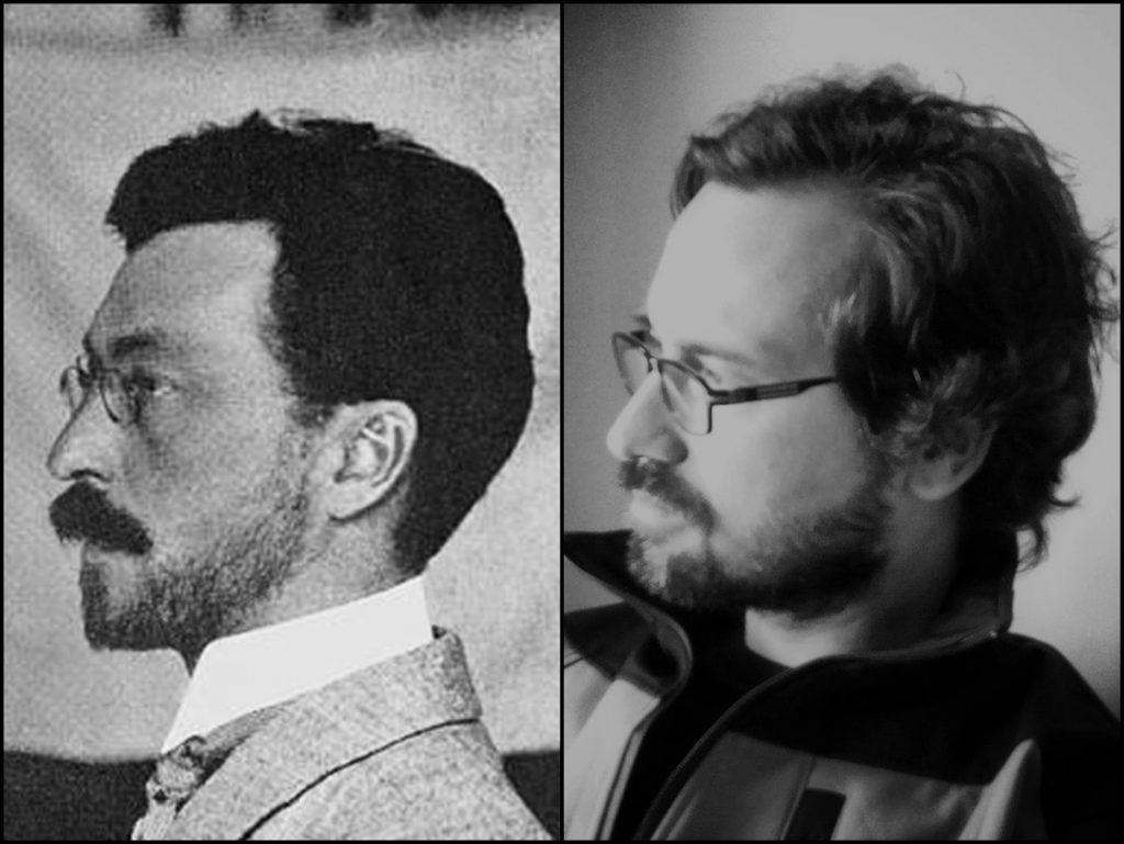 Dos fotografías en blanco y negro del poeta y dramaturgo chileno Cruz Villalobos en perfil, mostrando su rostro