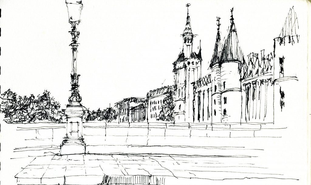 Croquis en tinta de La Conciergerie de París con el Pont Neuf, arquitectura gótica y torres medievales