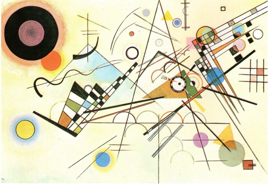 Composición abstracta de Kandinsky con formas geométricas, líneas dinámicas, círculos y rectángulos de colores