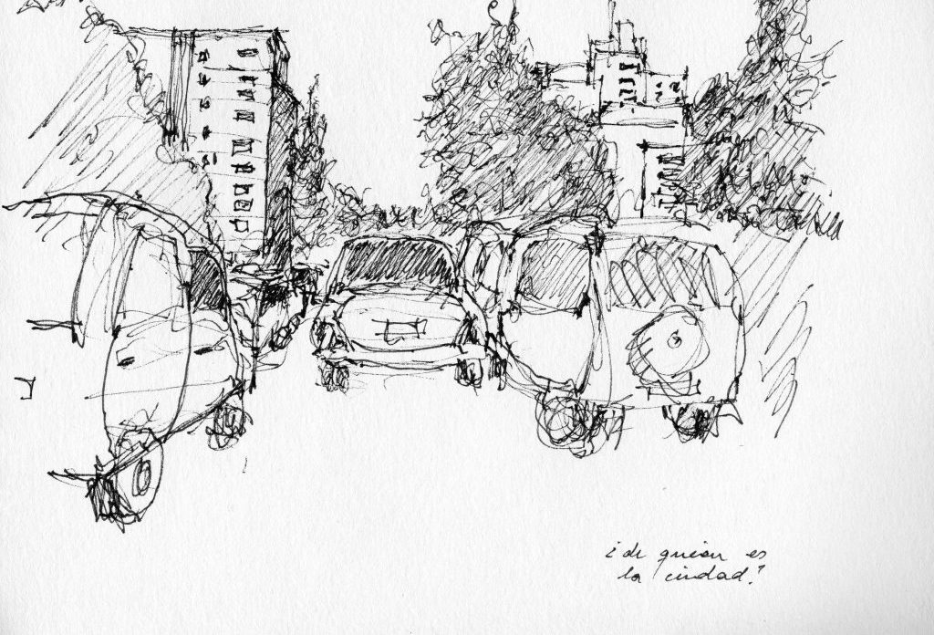 Croquis a tinta de una calle urbana con edificios, árboles y personas caminando, firmado por el artista