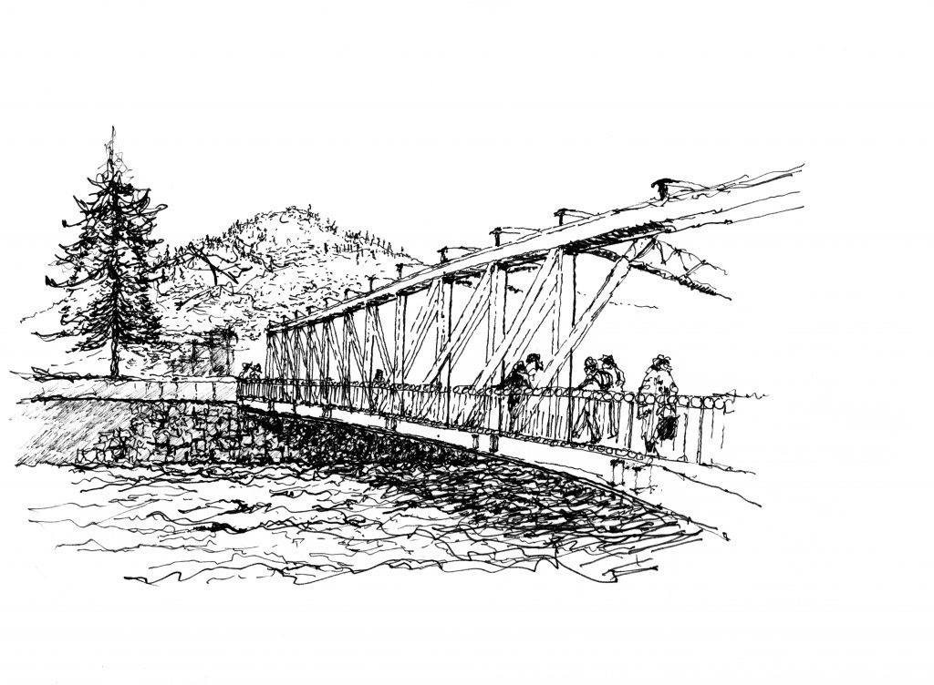 Croquis del puente Loreto con estructura de acero y vigas, dibujado en tinta negra con perspectiva arquitectónica