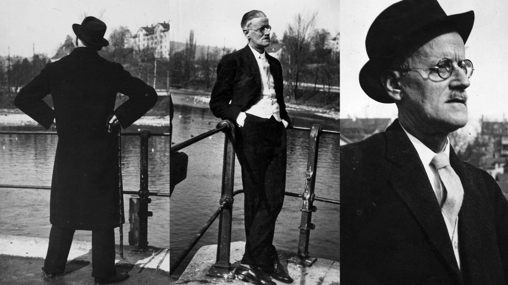 James Joyce en tres momentos diferentes, de perfil y de frente, con sombrero y gafas junto a un río