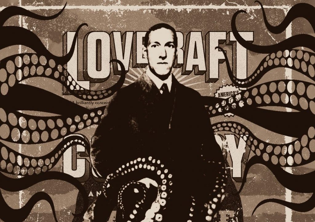 H. P. Lovecraft en traje oscuro rodeado de ilustraciones de tentáculos y patrones geométricos en estilo vintage