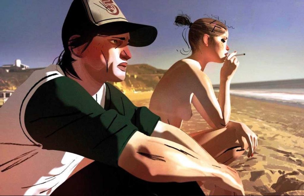 Dos hombres en una playa al atardecer, uno con gorra y otro de perfil, ambos sosteniendo papeles