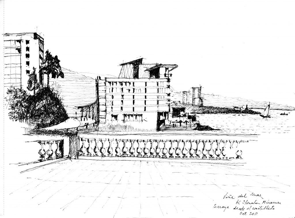 Croquis arquitectónico del Hotel Miramar con edificios de varios pisos, escaleras y vista frontal del complejo hotelero