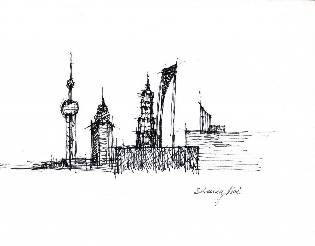 Croquis a tinta de skyline de Shanghái con rascacielos y torre, firmado por Patricio Hales Dib