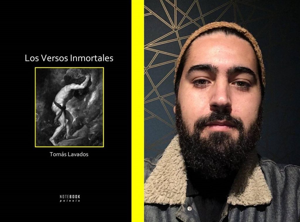 Portada de Los Versos Inmortales junto a retrato de Tomás Lavandó, autor, con barba y suéter beige