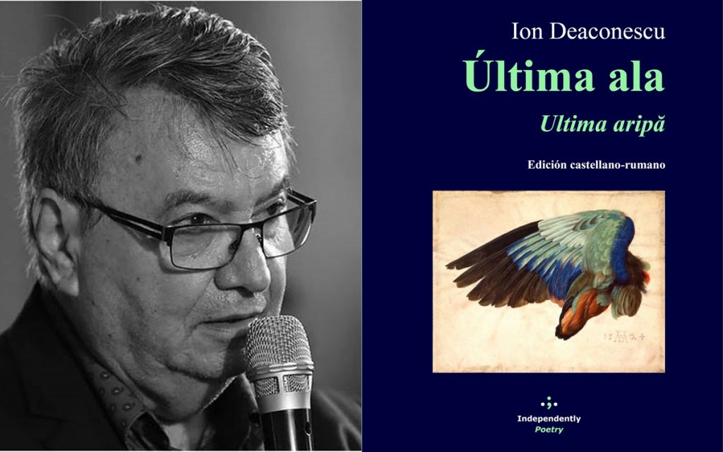 Ion Deaconescu junto a portada de su libro Última ala con ilustración de ave en vuelo