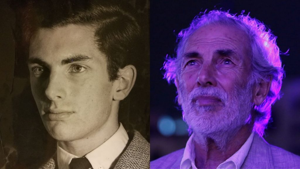 Héctor Noguera en dos épocas: retrato en blanco y negro de juventud y fotografía actual con iluminación púrpura