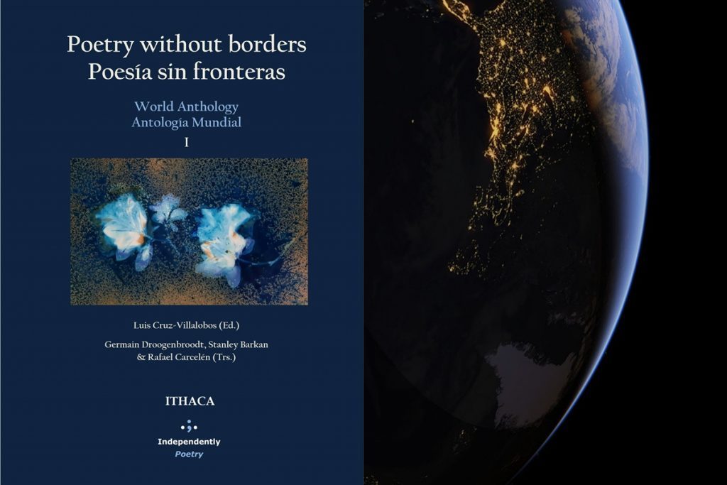 Portada del libro Poesía sin fronteras con imagen de tierra iluminada de noche y globo terráqueo oscuro