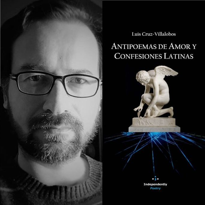 Luis Cruz Villalobos junto a portada de su libro Antipoemas de amor y confesiones latinas con escultura clásica