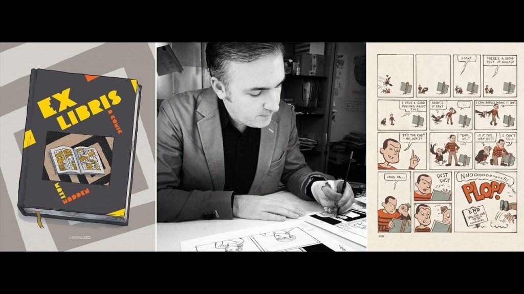 Matt Madden con portada de su libro Ex Libris y viñetas de cómics que muestran su técnica narrativa visual