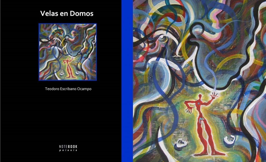Portada del libro Velas en Domos con ilustración de figuras abstractas en tonos azules, rojos y amarillos en movimiento