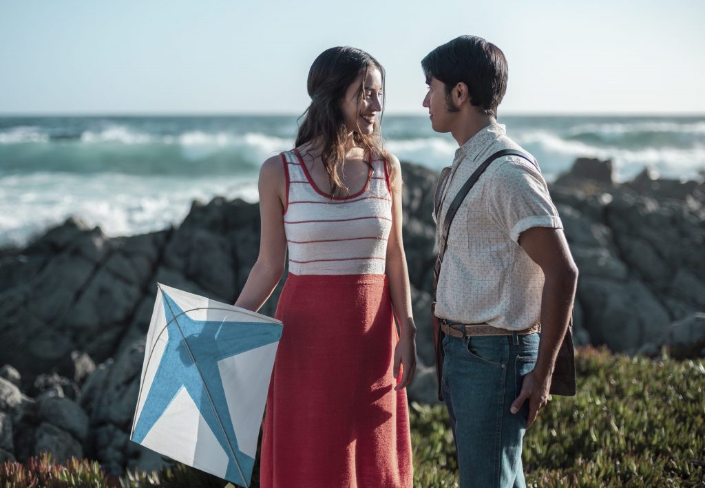 Pareja joven junto a rocas en acantilado costero, ella sosteniendo bandera azul, mar de fondo
