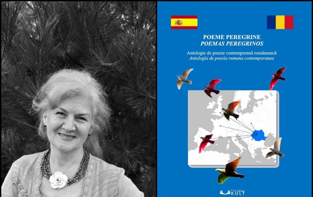 Retrato en blanco y negro de mujer sonriente junto a portada azul de libro Poemas peregrinos con banderas de Rumania