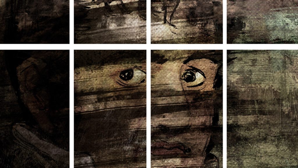 Composición de fragmentos texturados mostrando detalles de rostros y ojos con tonos oscuros y envejecidos, evocando