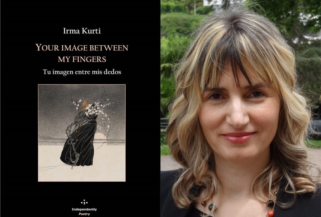 Portada del libro Tu imagen entre mis dedos de Irma Kern junto a fotografía de la autora de perfil