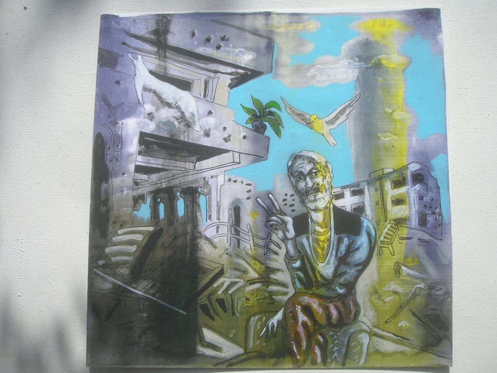 Collage artístico con edificios de arquitectura brutalista, figura humana estilizada en tonos verdes y amarillos