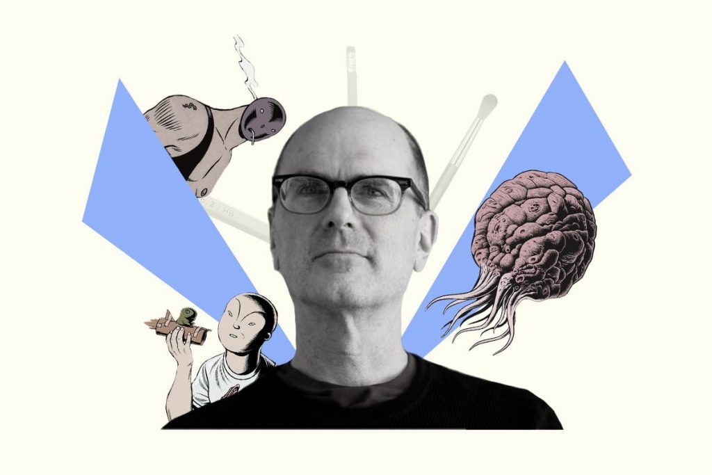 Retrato del ilustrador y dibujante Charles Burns rodeado de elementos visuales de sus obras, incluyendo figuras humanas