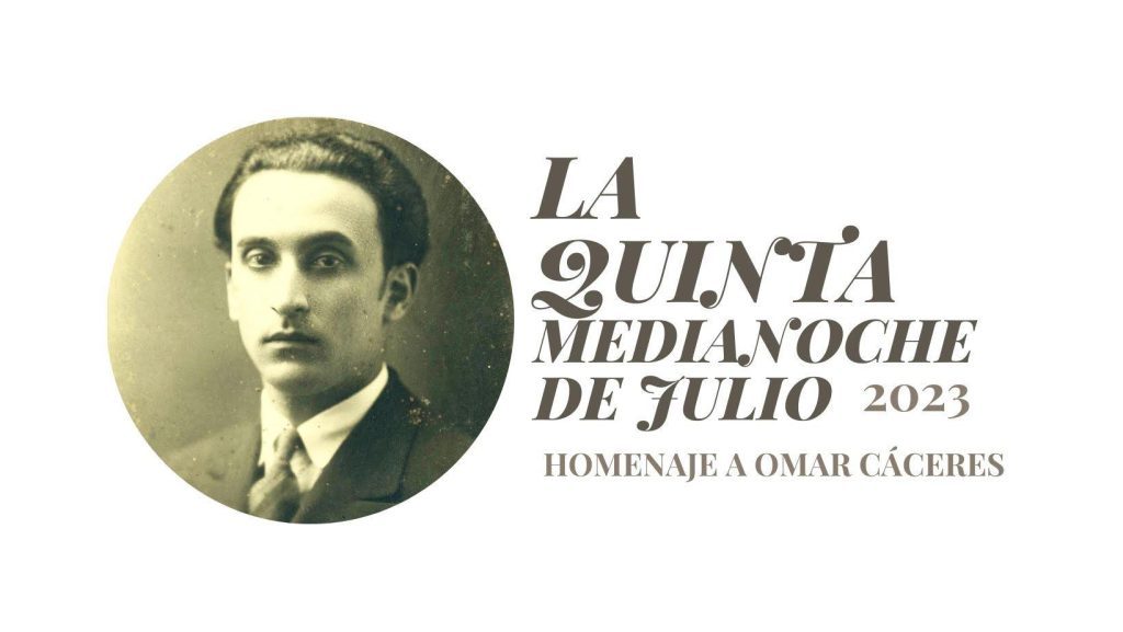 Retrato de Luis Omar Cáceres, escritor chileno, con texto La Quinta Medianoche de Julio 2023, homenaje a Aomar Cáceres