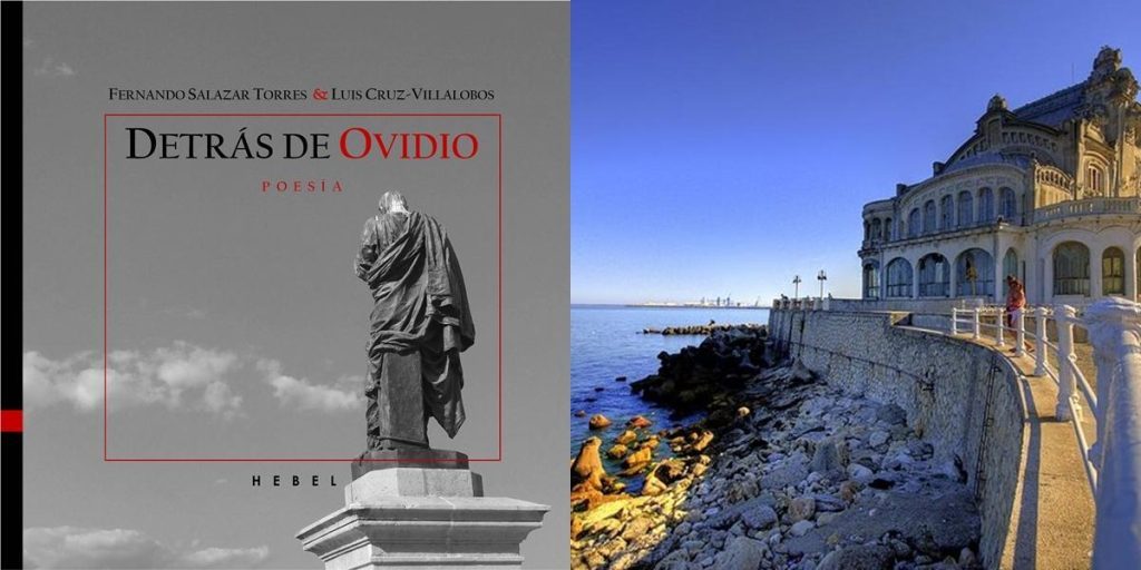Portada del libro Detrás de Ovidio junto a vista nocturna de arquitectura clásica junto al mar