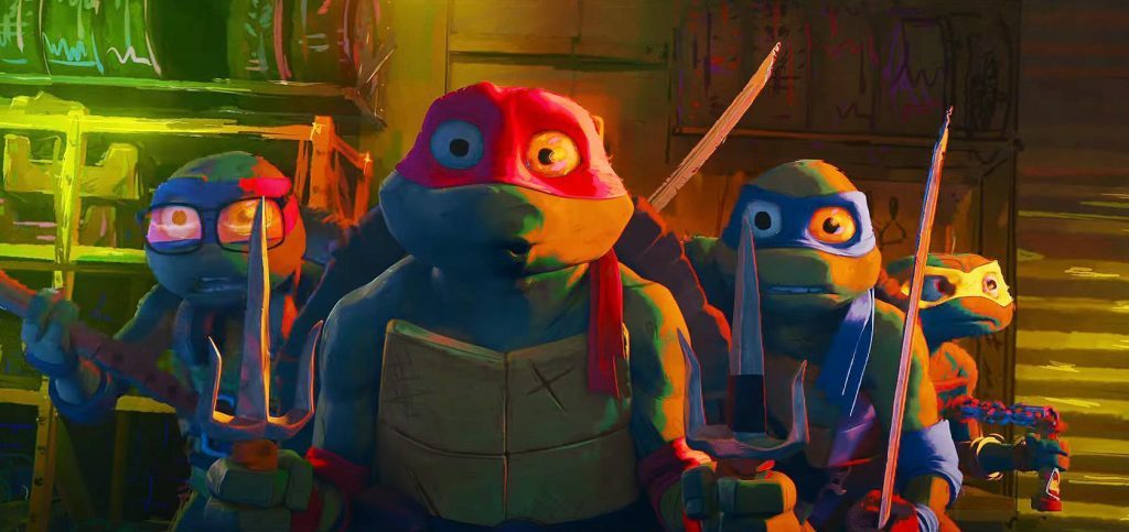 Cuatro tortugas antropomórficas con armas, máscaras de colores y ojos luminosos en ambiente urbano futurista con luces