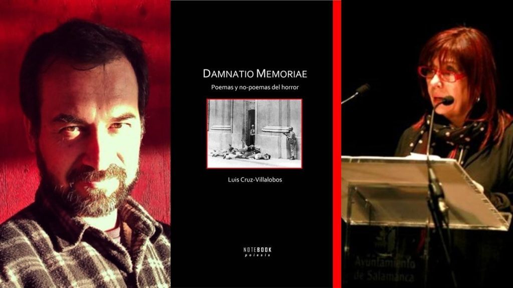 Collage con retrato de Ángela Molina iluminado en rojo, portada del libro Damnatio memoriae y actriz en escena de cine
