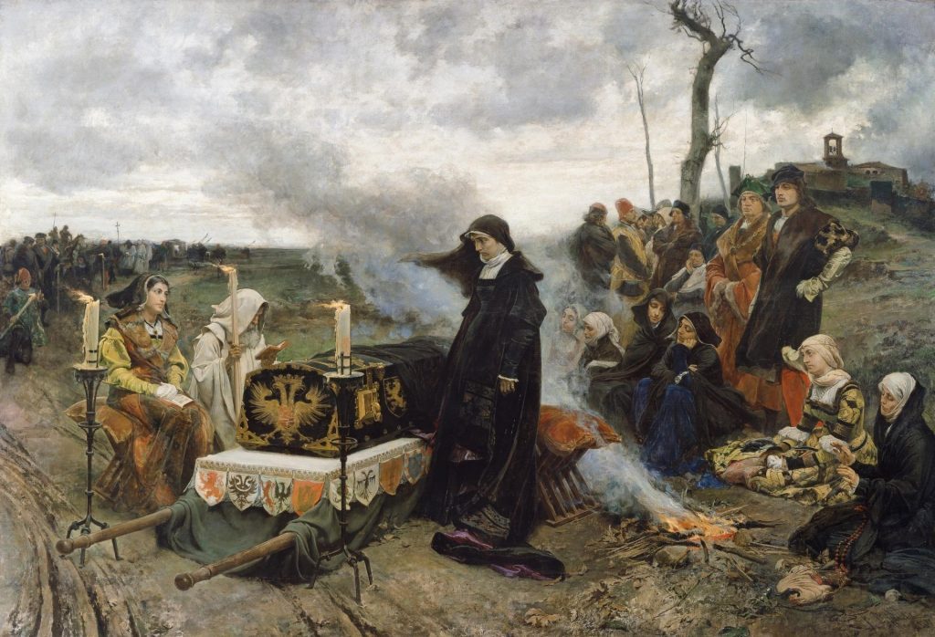 Pintura histórica: fraile en hábito negro predica a grupo de personas en paisaje rural con iglesia al fondo