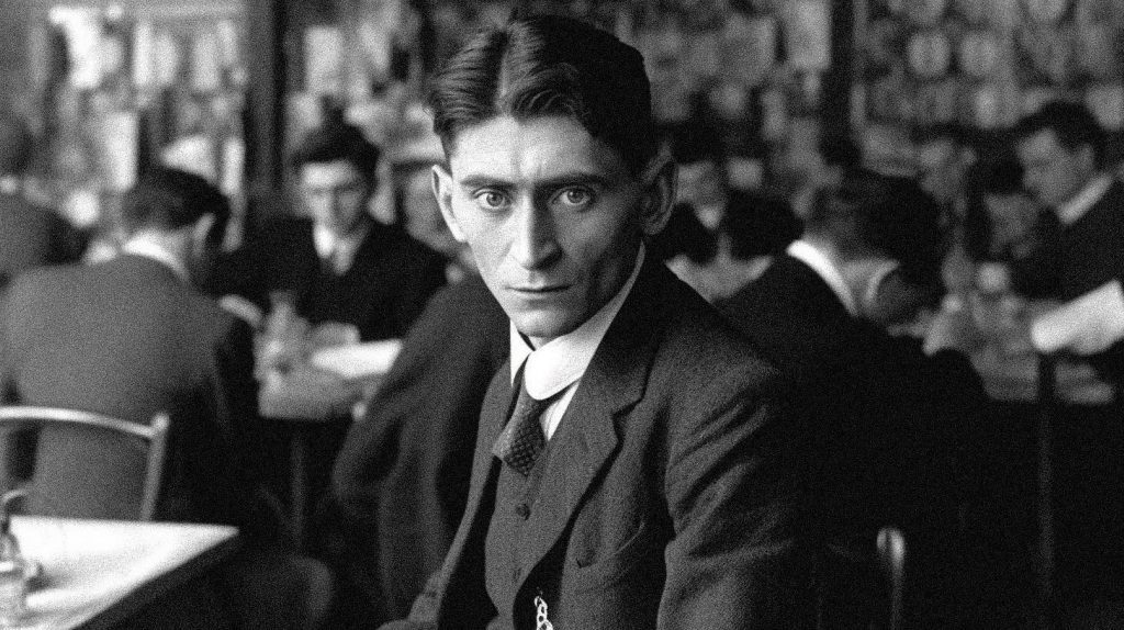 Franz Kafka con gafas y traje oscuro en un café, rodeado de personas, expresión seria y contemplativa
