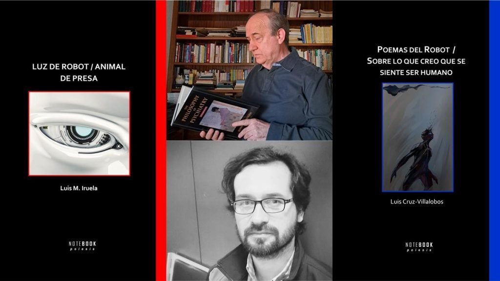 Collage con portadas de libros sobre inteligencia artificial y fotografías de dos autores de poesía contemporánea